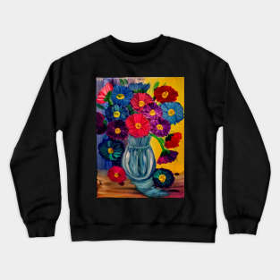 fun and colorful abstract flowers set against a multi-color background Crewneck Sweatshirt